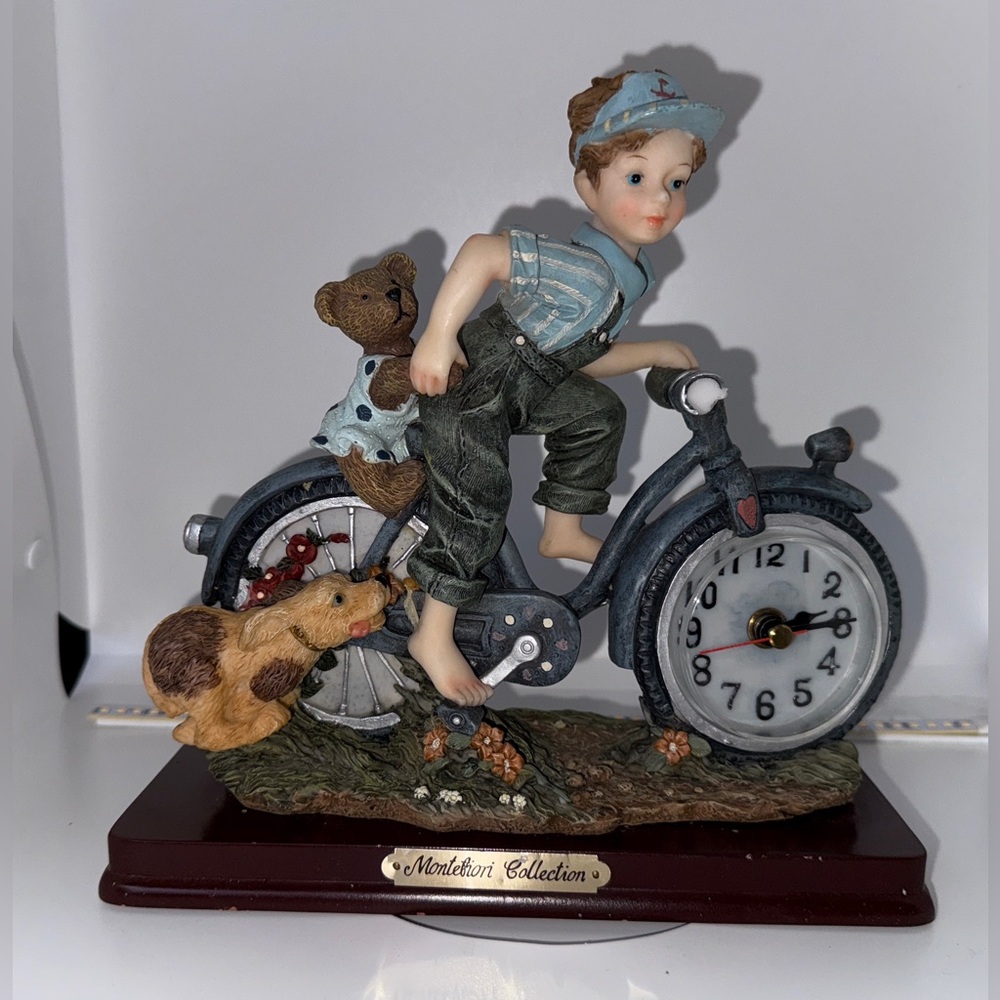 VTG figurine Montefiori Collection boy on bike clock Decor Country Italy